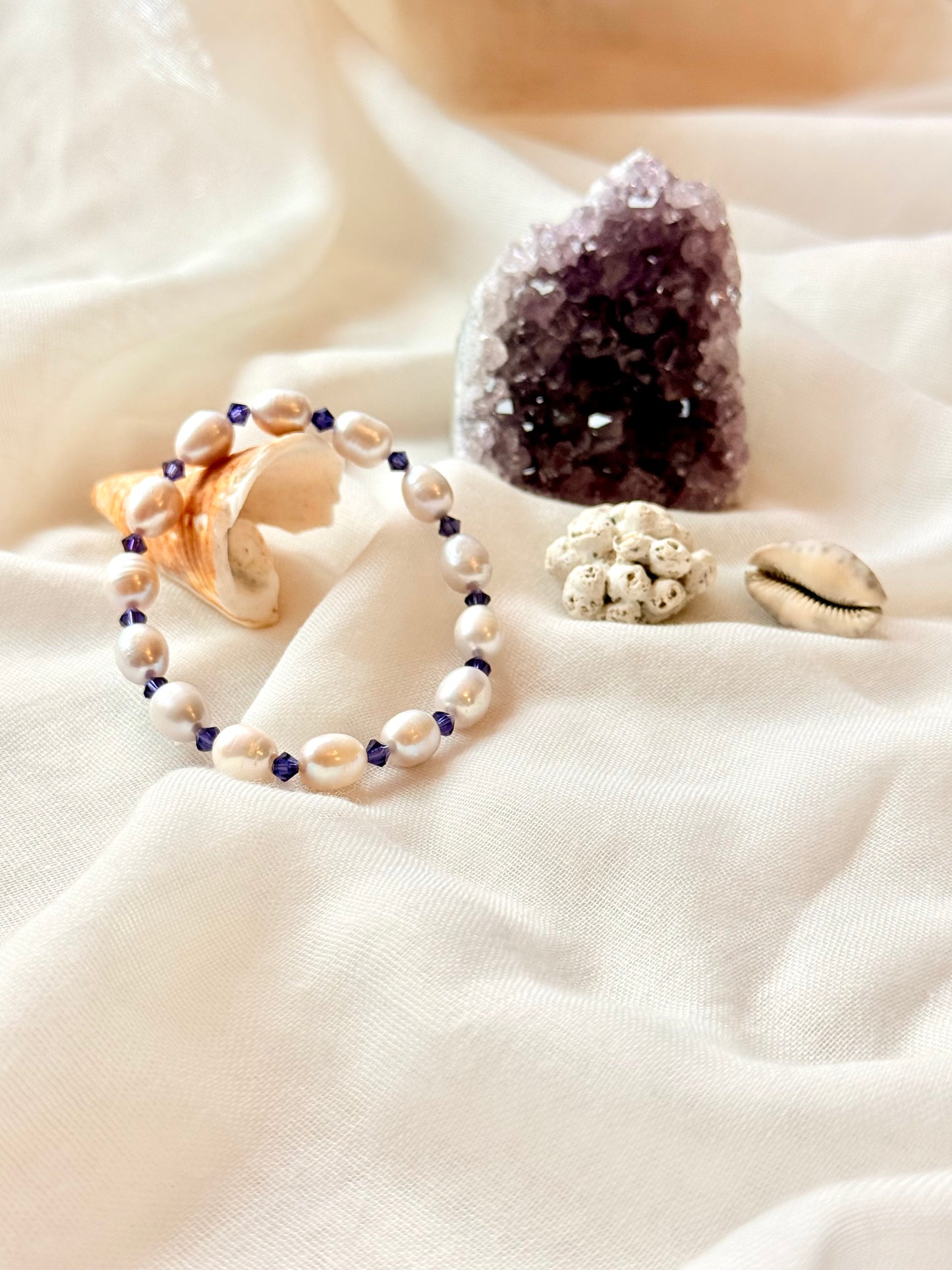 Natural Pearl Bracelet with Purple Swarovski Spacers