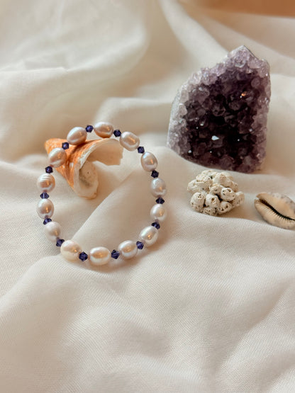 Natural Pearl Bracelet with Purple Swarovski Spacers