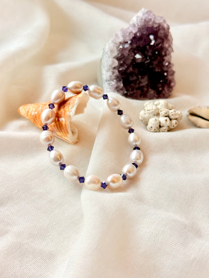 Natural Pearl Bracelet with Purple Swarovski Spacers