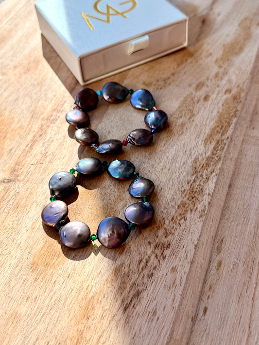 Two Designs of Round Natural Pearl Bracelets with Swarovski Spacers