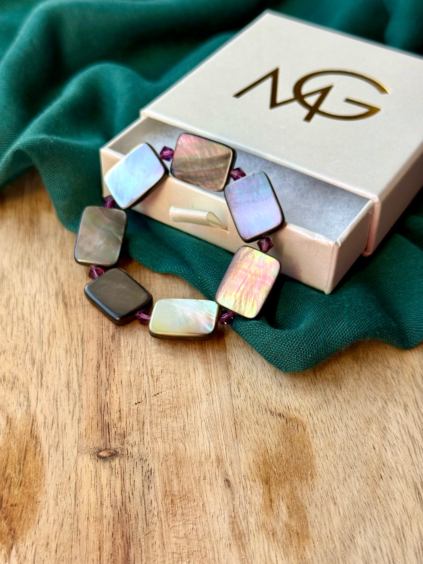 Natural River Shell Bracelet with Purple Swarovski Spacers