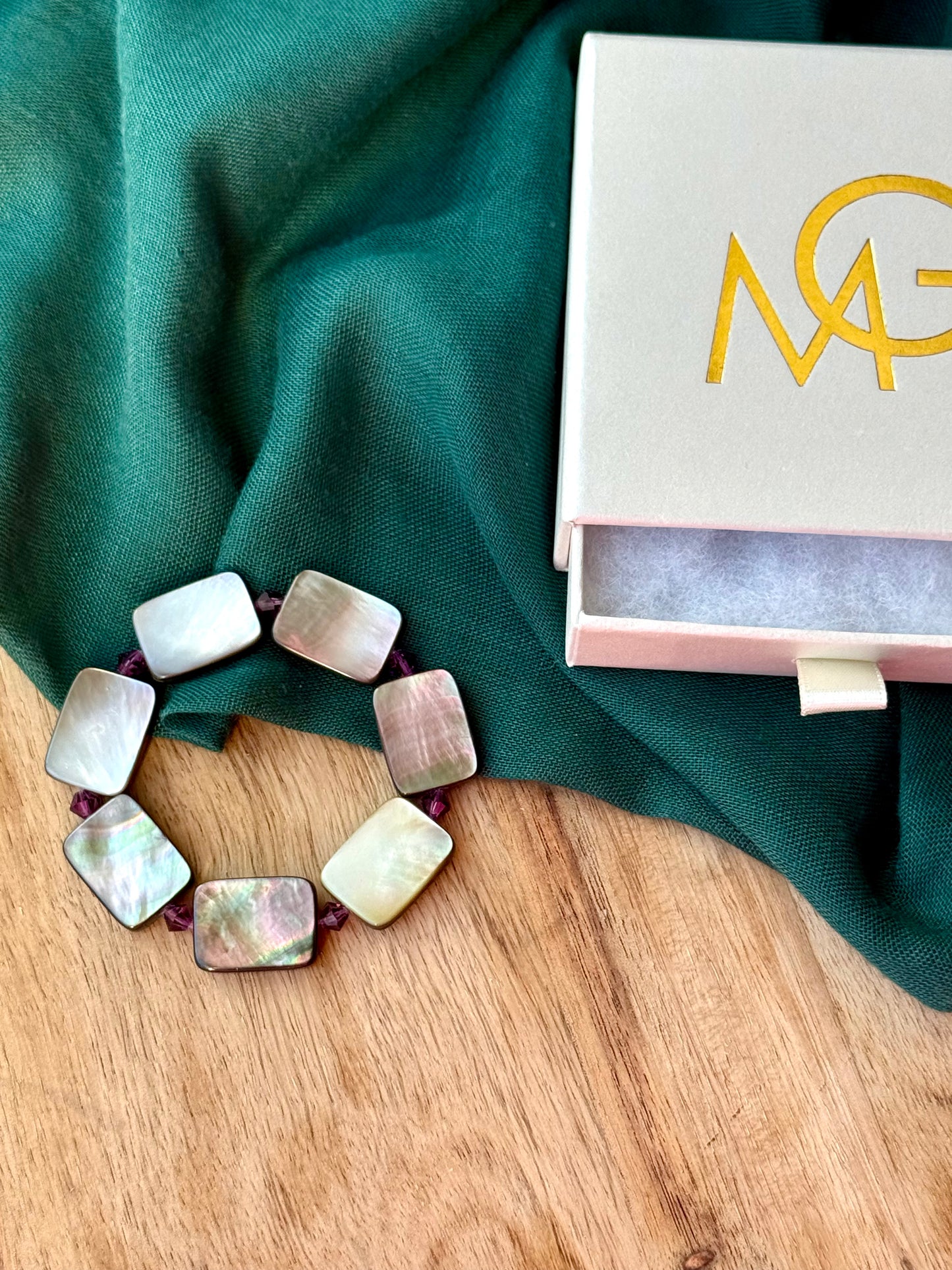 Natural River Shell Bracelet with Purple Swarovski Spacers