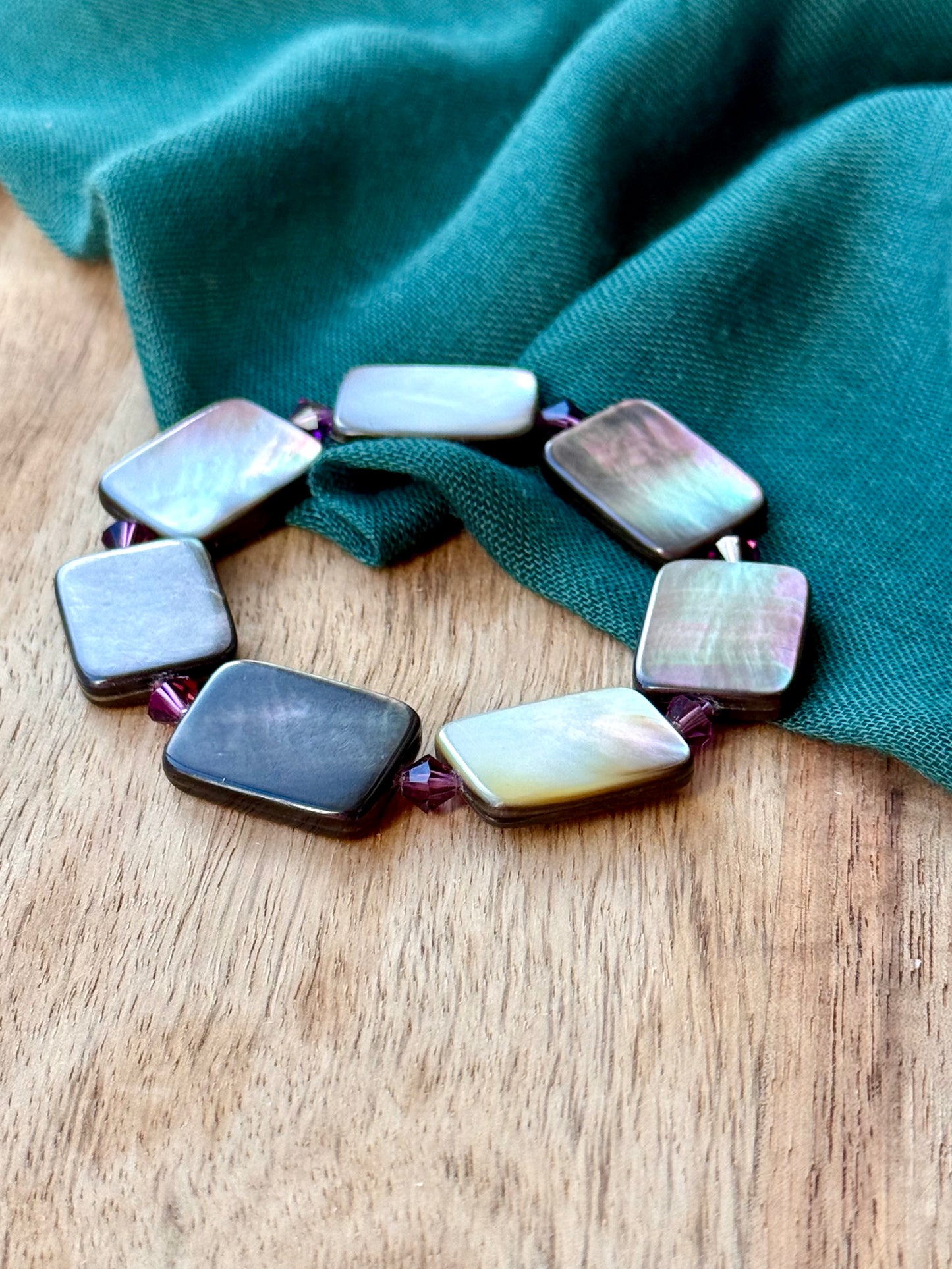 Natural River Shell Bracelet with Purple Swarovski Spacers