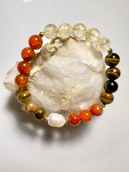 Citrine-Red Agate-Tiger Eye-Pearl Bracelet