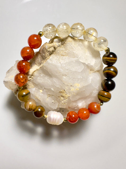 Citrine-Red Agate-Tiger Eye-Pearl Bracelet