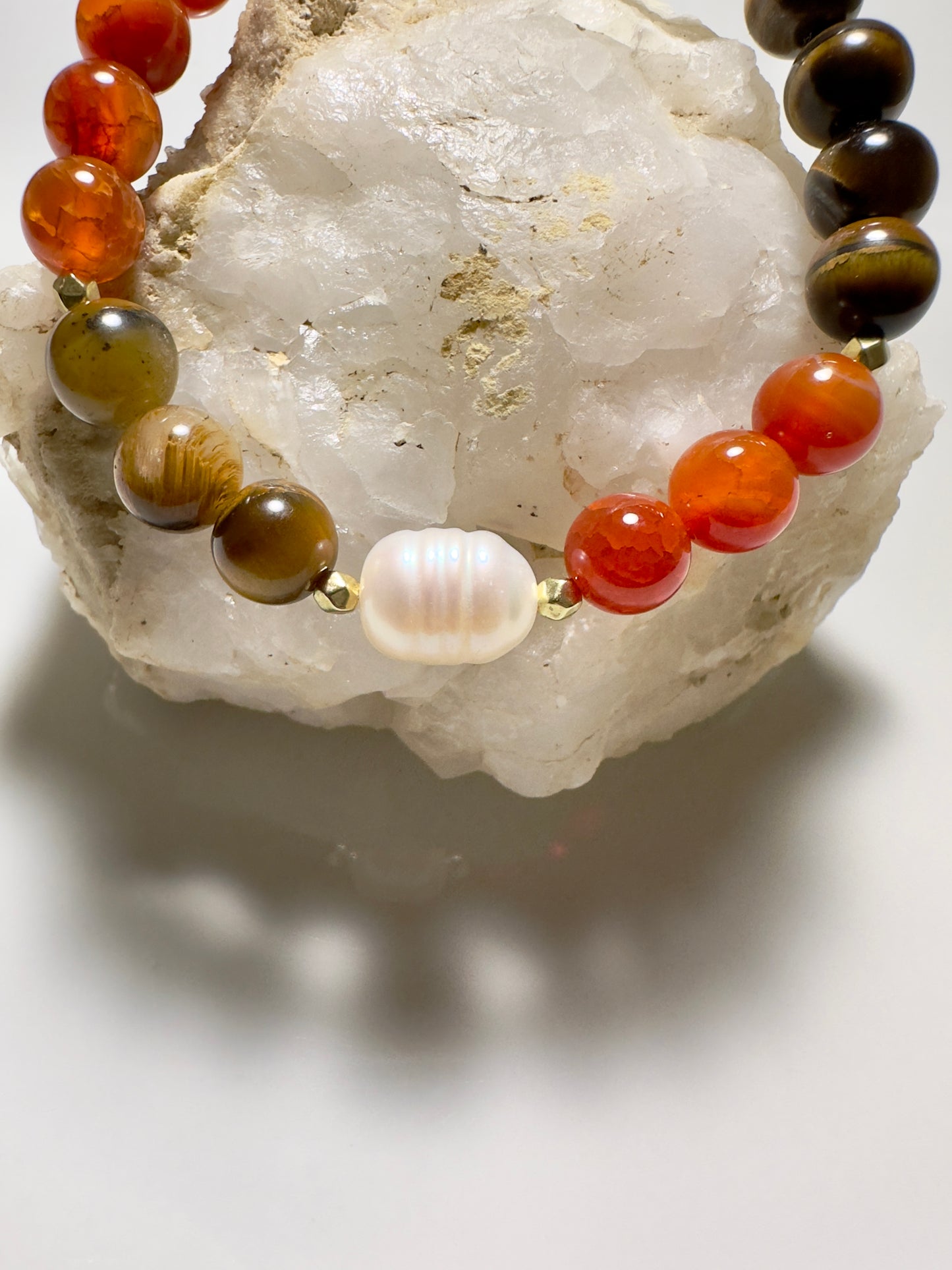 Citrine-Red Agate-Tiger Eye-Pearl Bracelet