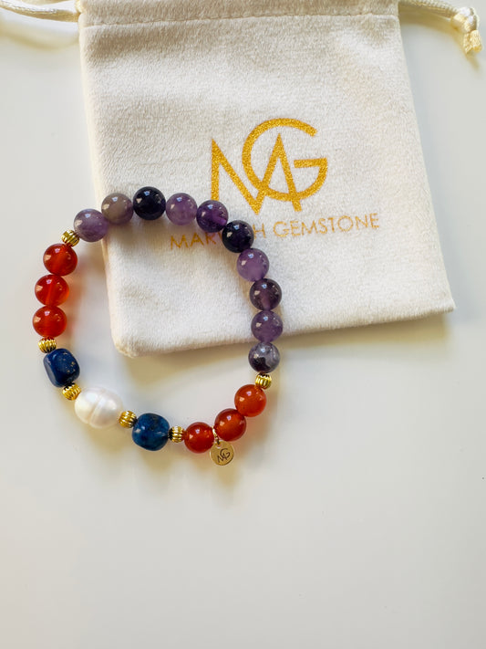 Amethyst-Red Agate-Lapis Lazuli-Natural Freshwater Pearl Bracelet