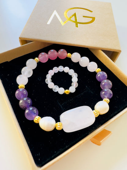 Rose Quartz-Amethyst-Strawberry Quartz- Natural Freshwater Pearl Bracelet + Rose Quartz Ring Set
