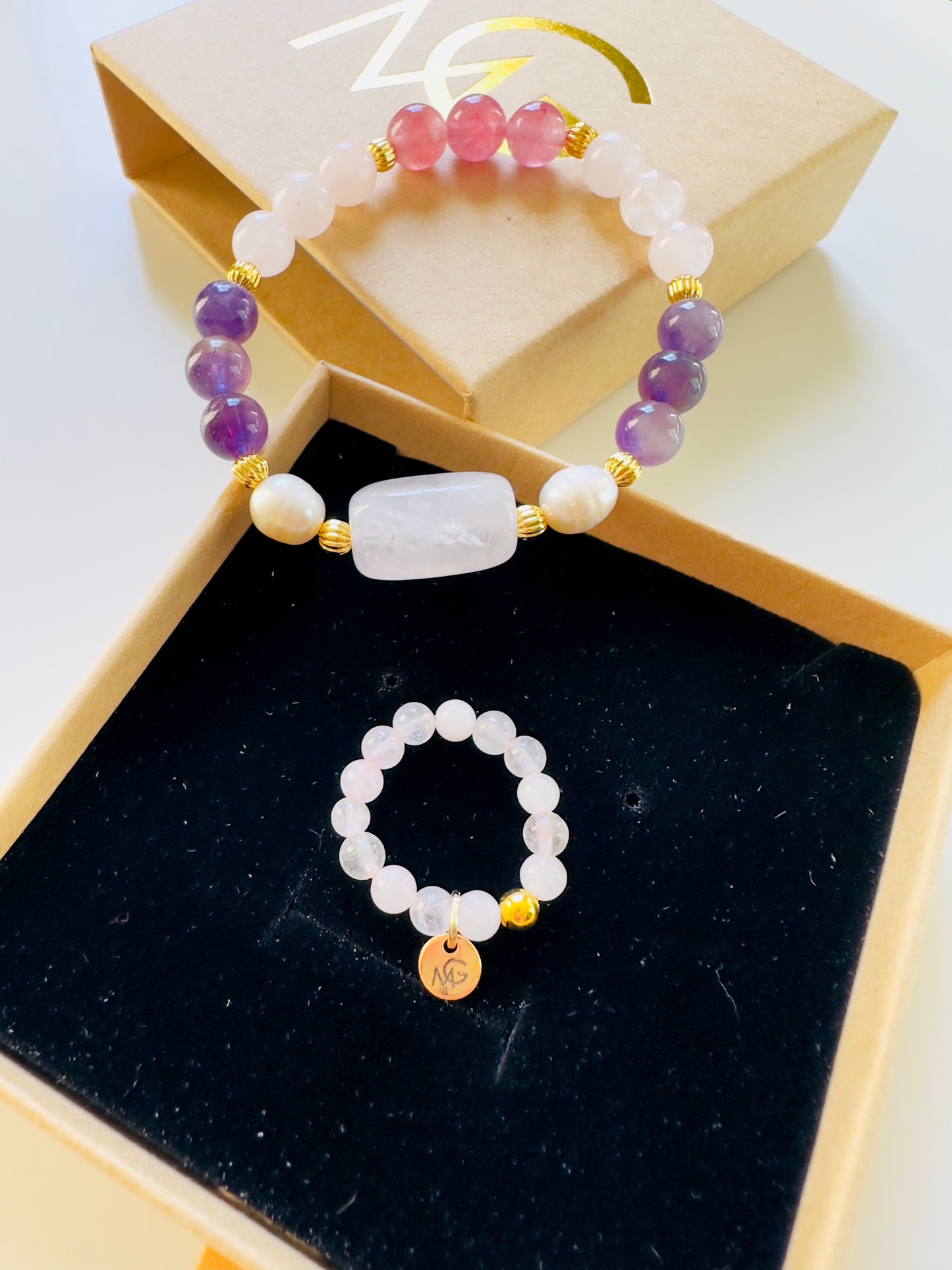 Rose Quartz-Amethyst-Strawberry Quartz- Natural Freshwater Pearl Bracelet + Rose Quartz Ring Set