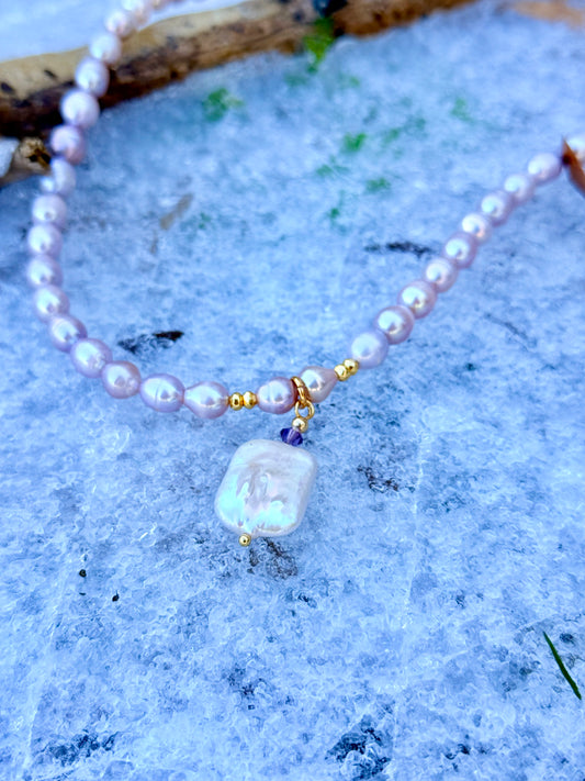 Natural Purple Pearl Necklace with Plated Gold 18-K