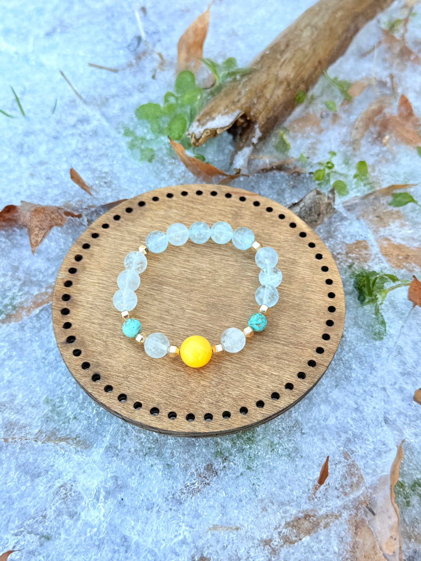 High Quality Aquamarine - Turquoise - Yellow Amber Bracelet with Hematite Bracelet