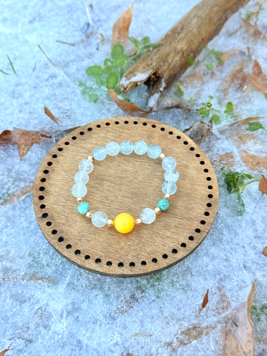High Quality Aquamarine - Turquoise - Yellow Amber Bracelet with Hematite Bracelet