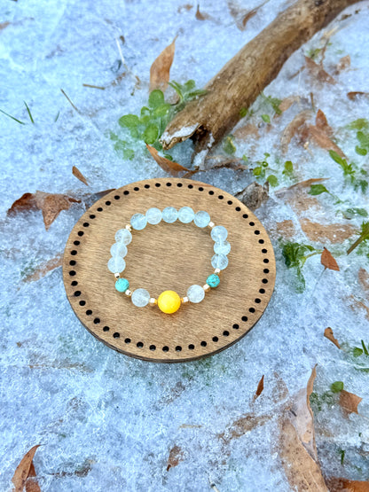 High Quality Aquamarine - Turquoise - Yellow Amber Bracelet with Hematite Bracelet