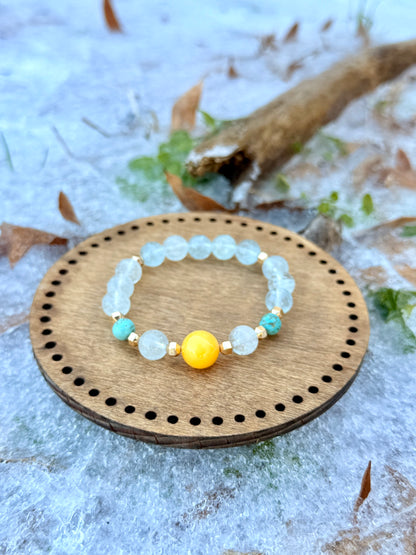 High Quality Aquamarine - Turquoise - Yellow Amber Bracelet with Hematite Bracelet