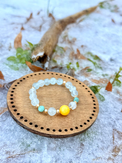 High Quality Aquamarine - Turquoise - Yellow Amber Bracelet with Hematite Bracelet
