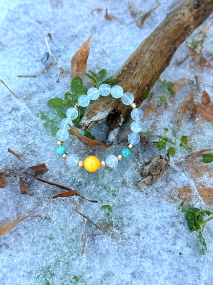 High Quality Aquamarine - Turquoise - Yellow Amber Bracelet with Hematite Bracelet