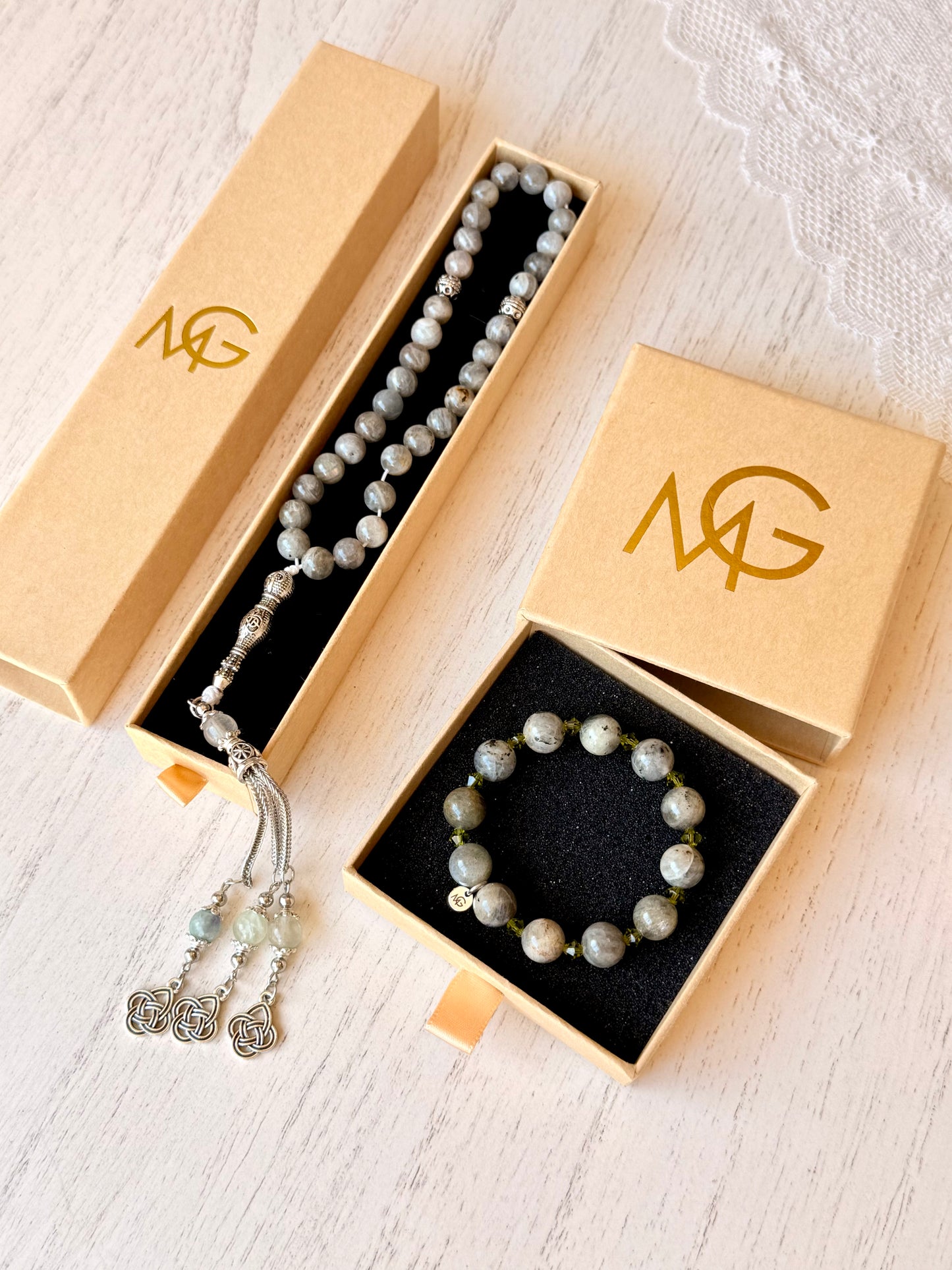 Labradorite Misbaha + Bracelet Set with Swarovski Spacers