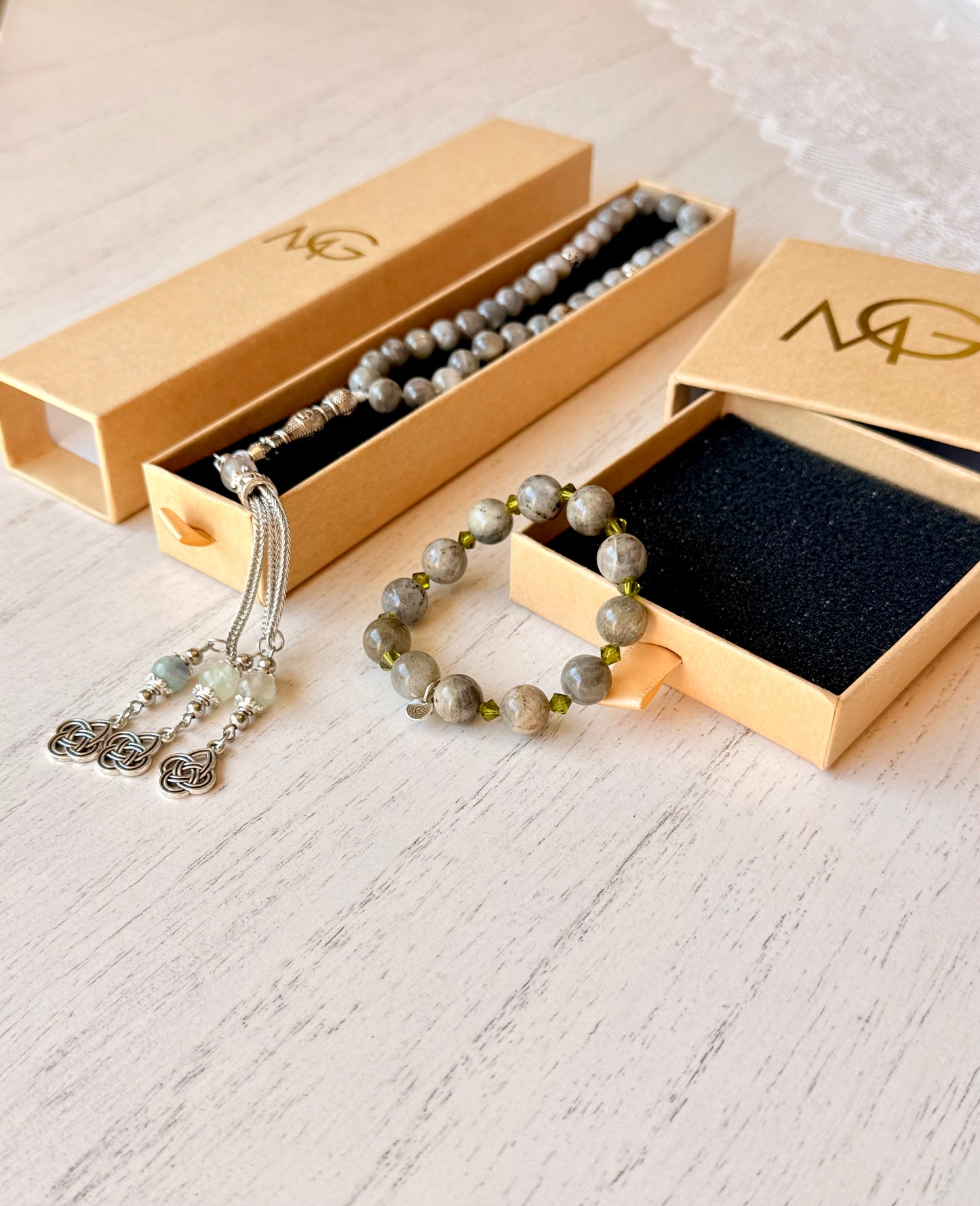 Labradorite Misbaha + Bracelet Set with Swarovski Spacers
