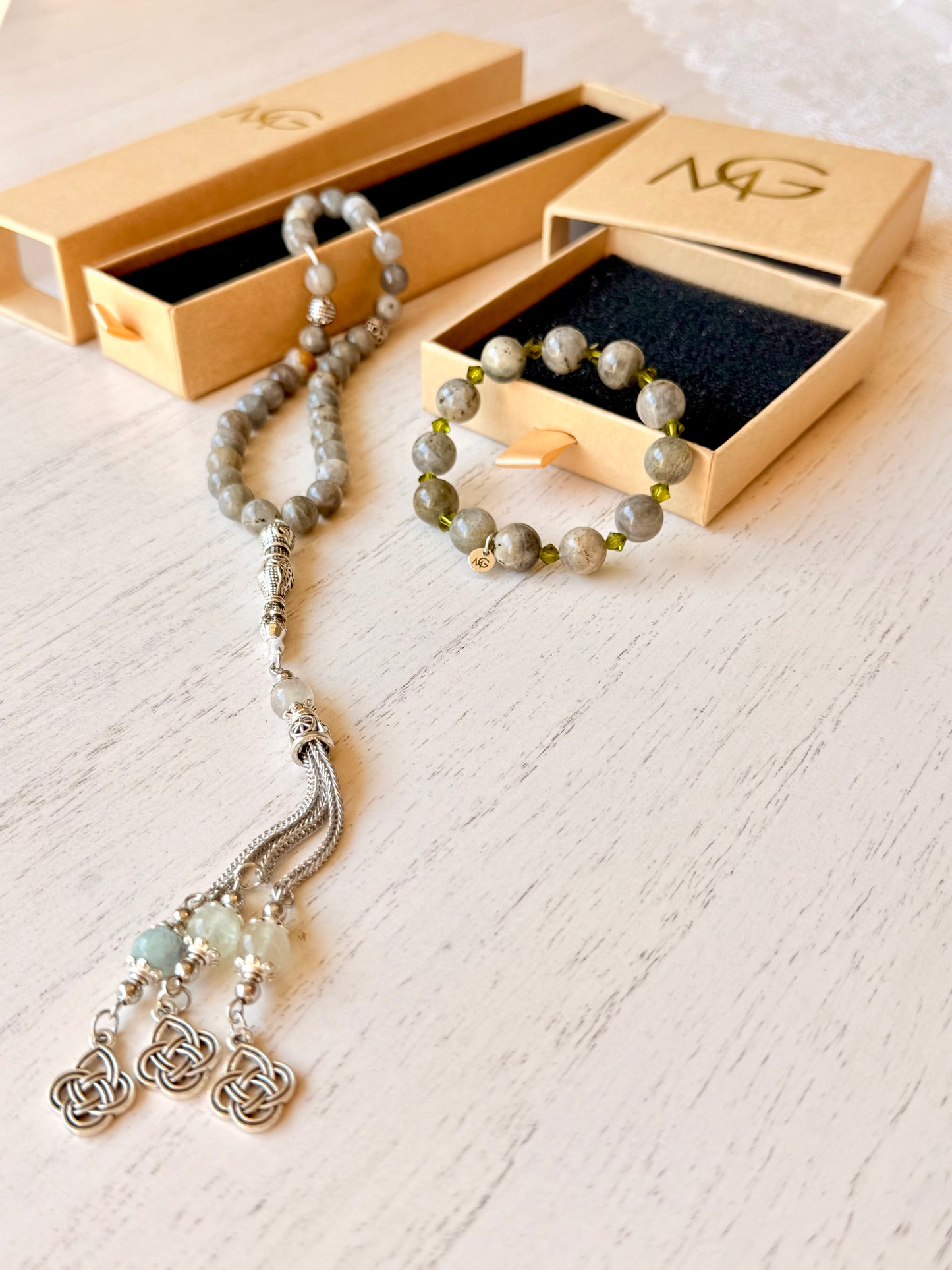 Labradorite Misbaha + Bracelet Set with Swarovski Spacers
