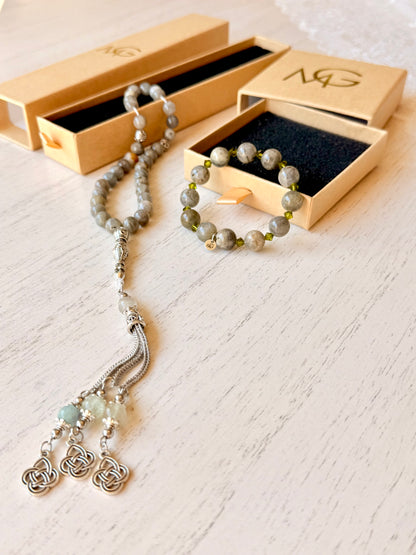 Labradorite Misbaha + Bracelet Set with Swarovski Spacers