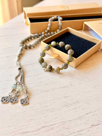 Labradorite Misbaha + Bracelet Set with Swarovski Spacers