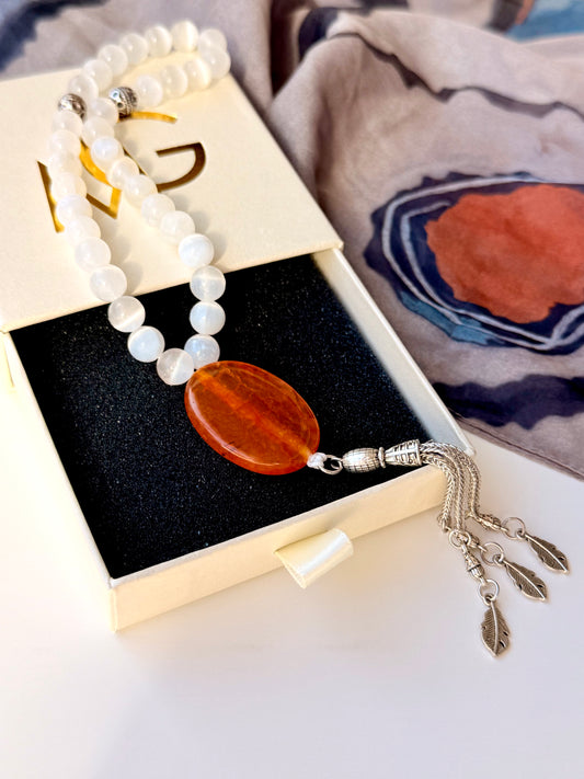 Selenite - Orange Agate Misbaha