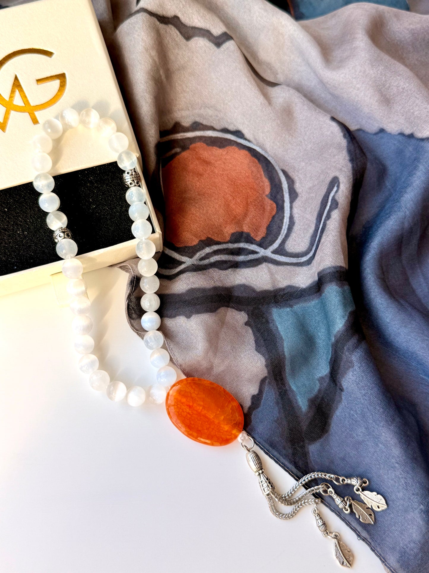 Selenite - Orange Agate Misbaha