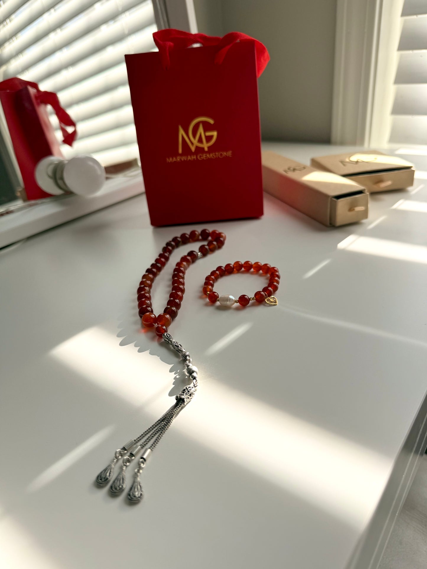 Red Agate Misbaha with Silver 925 + Carnelian - Natural Pearl Bracelet with Gold 21-K Set