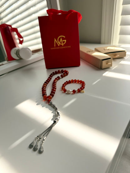 Red Agate Misbaha with Silver 925 + Carnelian - Natural Pearl Bracelet with Gold 21-K Set