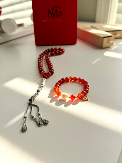 Red Agate Misbaha with Silver 925 + Carnelian - Natural Pearl Bracelet with Gold 21-K Set