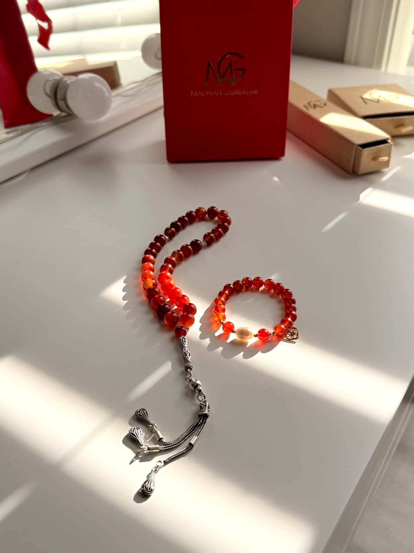 Red Agate Misbaha with Silver 925 + Carnelian - Natural Pearl Bracelet with Gold 21-K Set