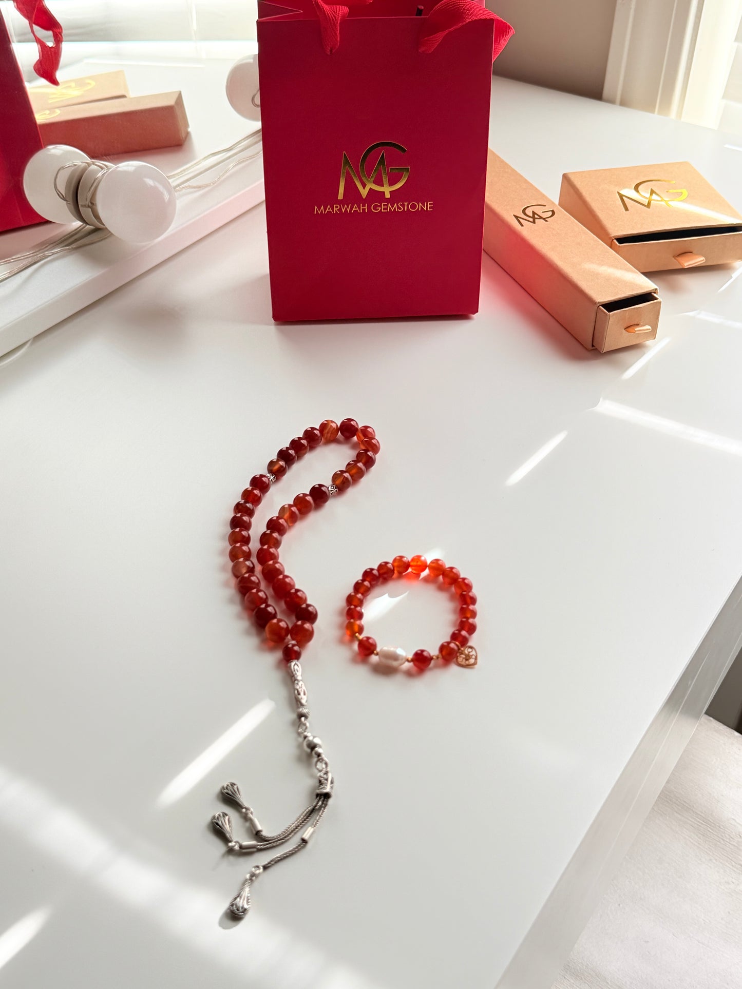 Red Agate Misbaha with Silver 925 + Carnelian - Natural Pearl Bracelet with Gold 21-K Set