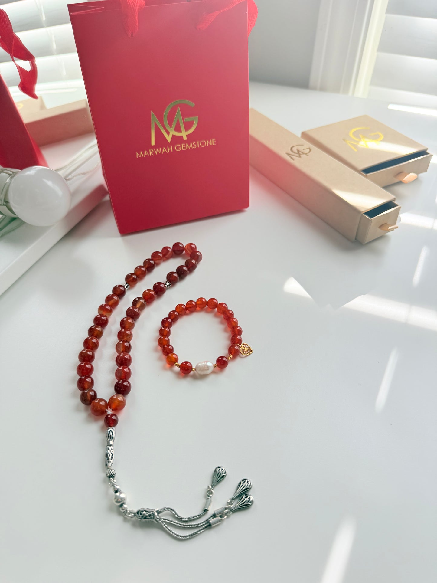 Red Agate Misbaha with Silver 925 + Carnelian - Natural Pearl Bracelet with Gold 21-K Set