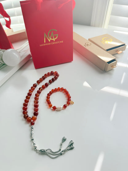 Red Agate Misbaha with Silver 925 + Carnelian - Natural Pearl Bracelet with Gold 21-K Set