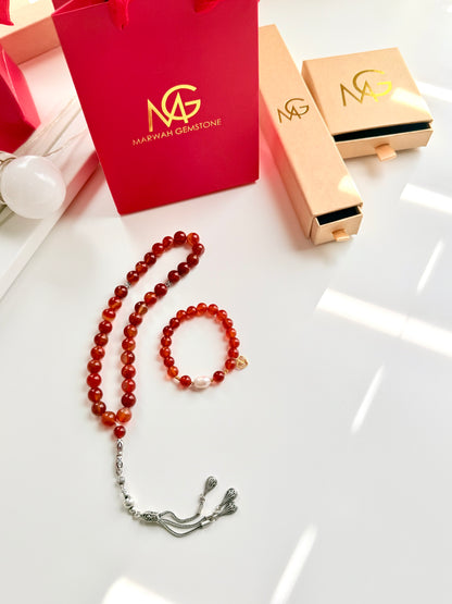 Red Agate Misbaha with Silver 925 + Carnelian - Natural Pearl Bracelet with Gold 21-K Set