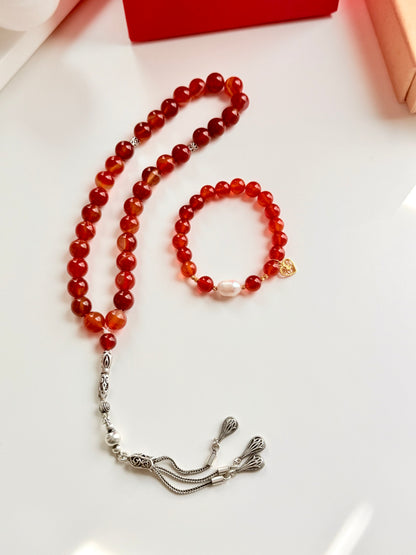 Red Agate Misbaha with Silver 925 + Carnelian - Natural Pearl Bracelet with Gold 21-K Set