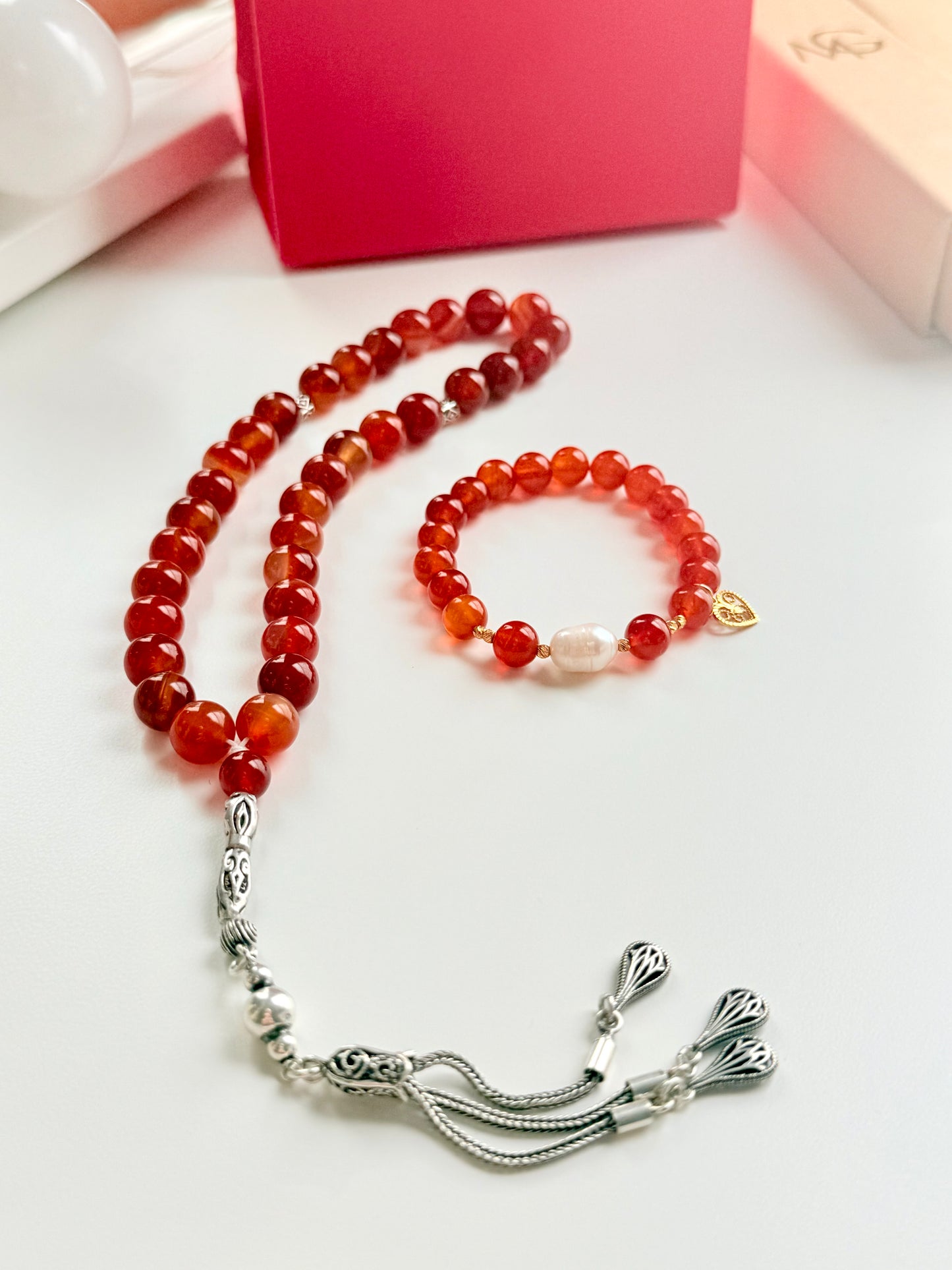Red Agate Misbaha with Silver 925 + Carnelian - Natural Pearl Bracelet with Gold 21-K Set