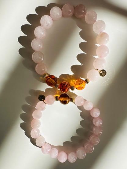 Rose Quartz-Amber Mum and Daughter Bracelet Set