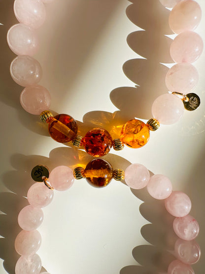 Rose Quartz-Amber Mum and Daughter Bracelet Set
