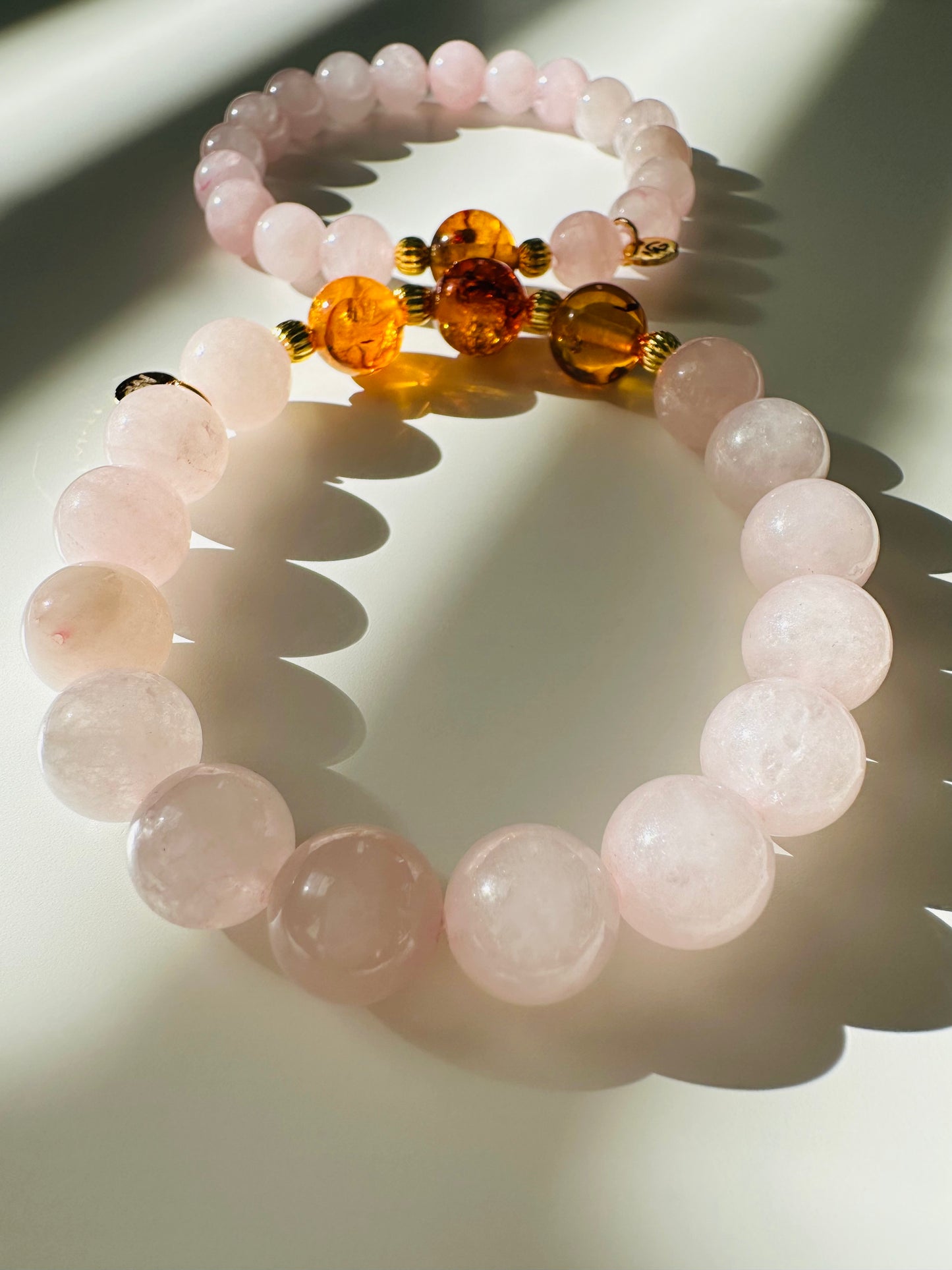 Rose Quartz-Amber Mum and Daughter Bracelet Set