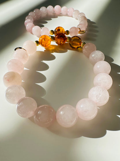 Rose Quartz-Amber Mum and Daughter Bracelet Set