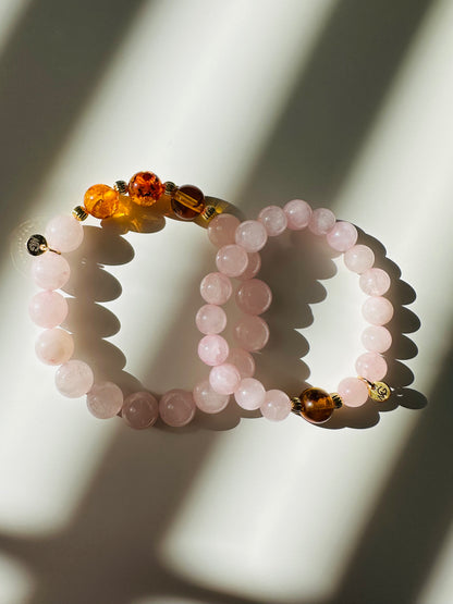 Rose Quartz-Amber Mum and Daughter Bracelet Set
