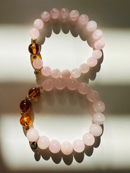 Rose Quartz-Amber Mum and Daughter Bracelet Set