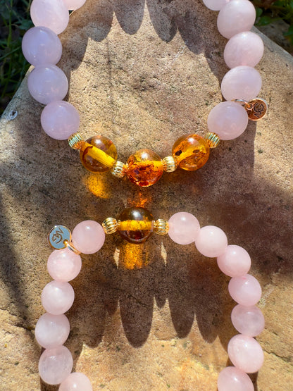Rose Quartz-Amber Mum and Daughter Bracelet Set