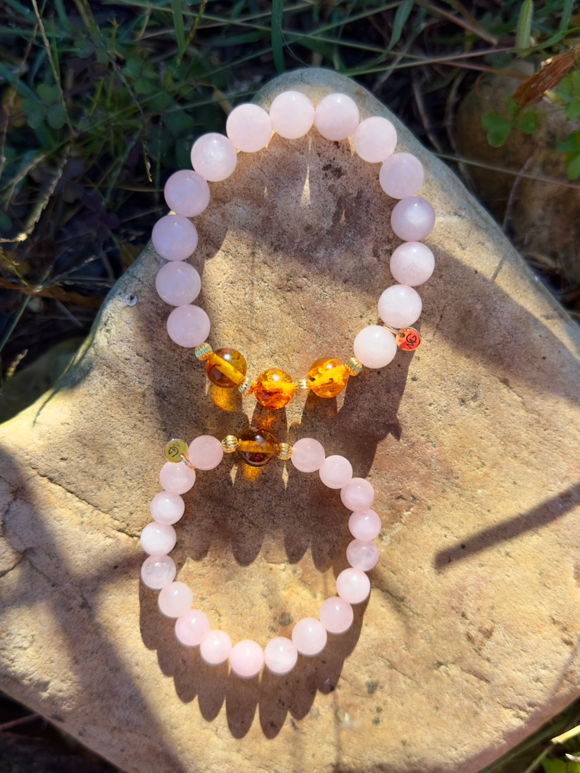 Rose Quartz-Amber Mum and Daughter Bracelet Set