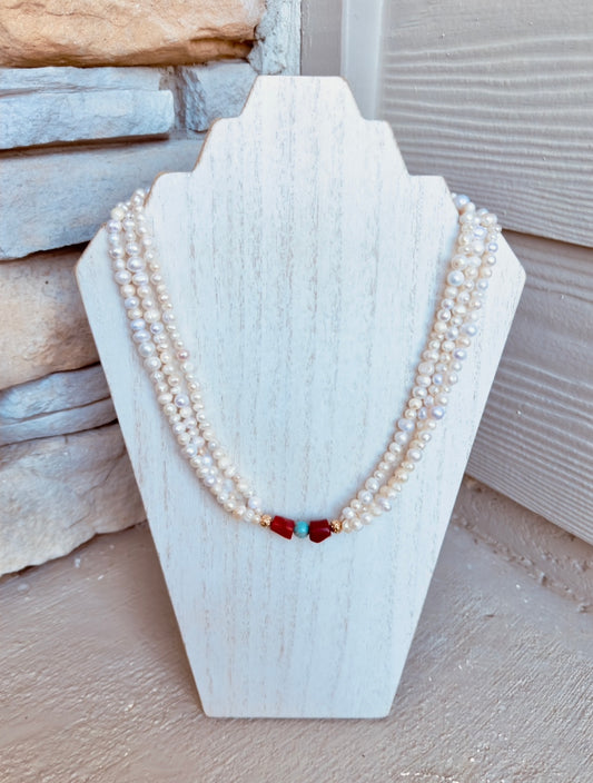 Natural Freshwater Pearls-Coral-Turquoise Three-Lined Necklace