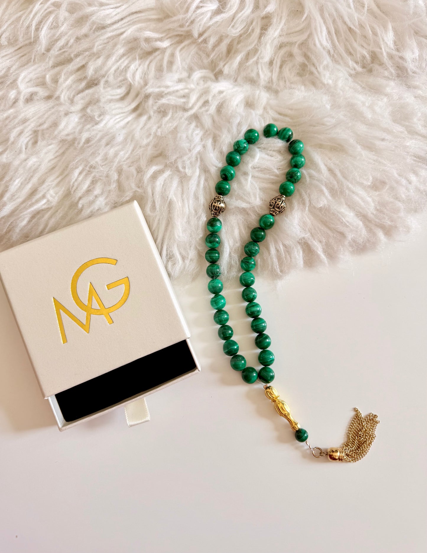 Malachite 33-Bead Misbaha 10mm Bead Size