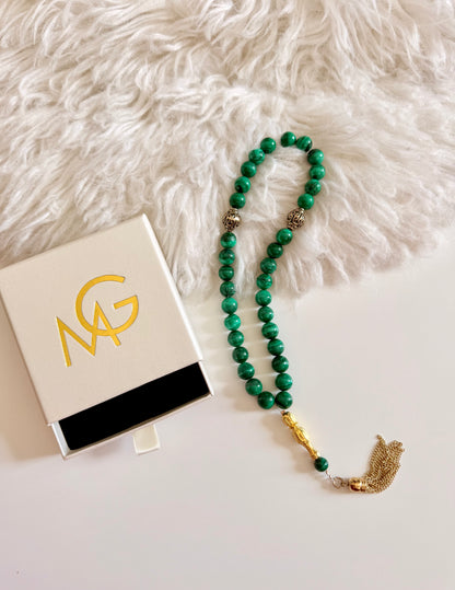 Malachite 33-Bead Misbaha 10mm Bead Size