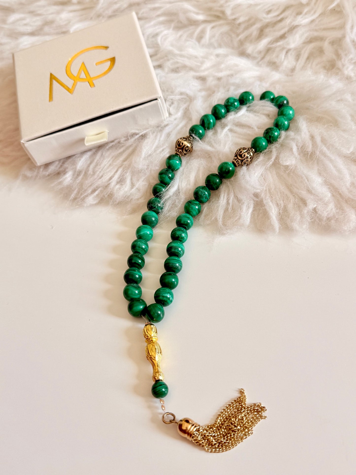Malachite 33-Bead Misbaha 10mm Bead Size