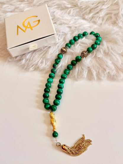Malachite 33-Bead Misbaha 10mm Bead Size